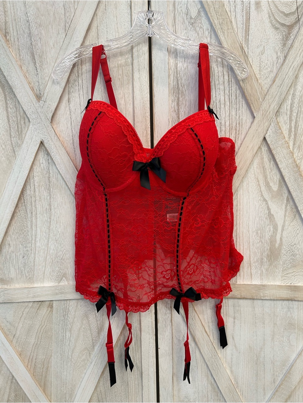 Sculpting Red Lace Bustier Chemise with Black Ribbon Detail and Matching Panty